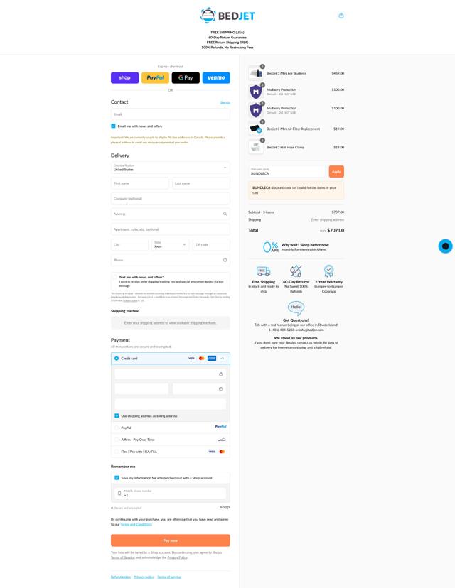 BedJet checkout page showing BedJet discount code box | Screenshot taken by SimplyCodes community member on Sep 12, 2025