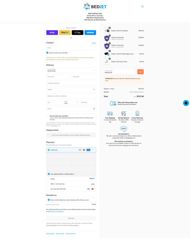 BedJet checkout page showing BedJet discount code box | Screenshot taken by SimplyCodes community member on Sep 12, 2025