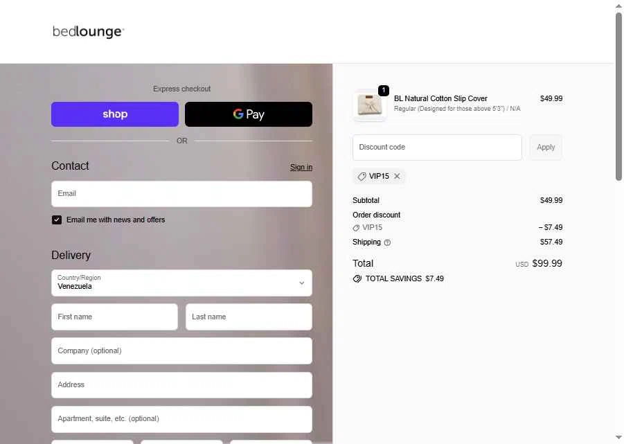 Bed Lounge checkout page showing Bed Lounge promo code box | Screenshot taken by SimplyCodes community member on Nov 14, 2025