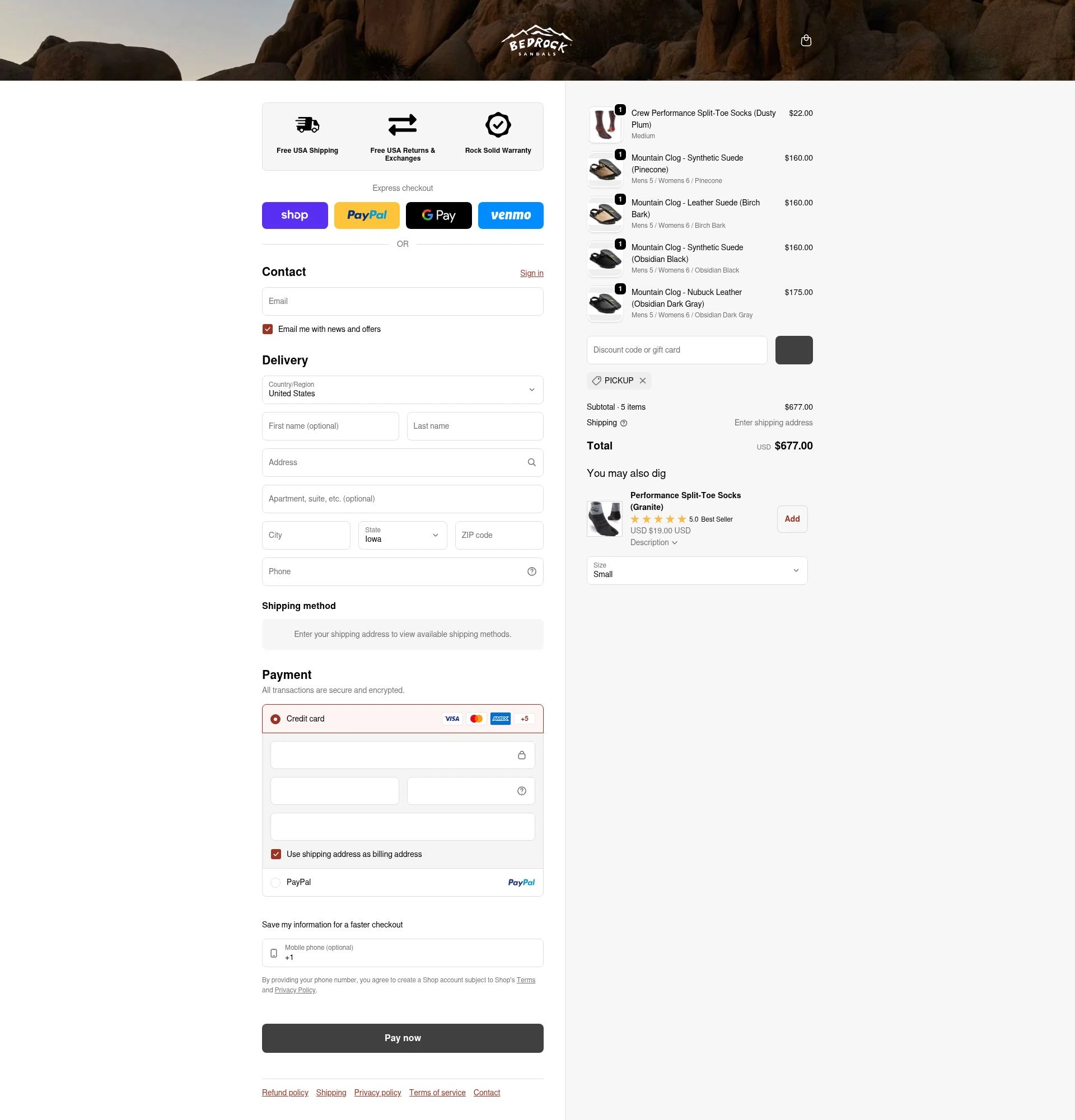 Bedrock Sandals checkout page showing Bedrock Sandals discount code box | Screenshot taken by SimplyCodes community member on Feb 13, 2026