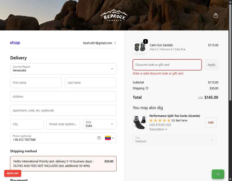 Bedrock Sandals checkout page showing Bedrock Sandals discount code box | Screenshot taken by SimplyCodes community member on Feb 10, 2026