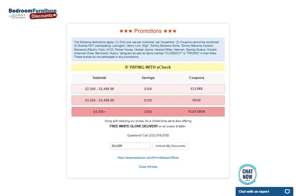 Bedroom Furniture Discounts checkout page showing Bedroom Furniture Discounts promo code box | Screenshot taken by SimplyCodes community member on Oct 8, 2025