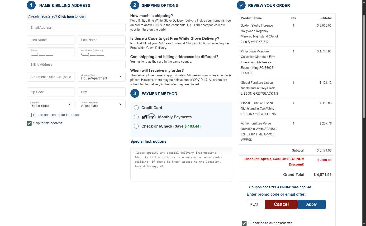 Bedroom Furniture Discounts checkout page showing Bedroom Furniture Discounts promo code box | Screenshot taken by SimplyCodes community member on Oct 27, 2025