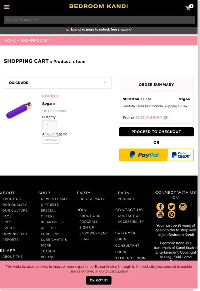 Bedroom Kandi checkout page showing Bedroom Kandi coupon code box | Screenshot taken by SimplyCodes community member on Aug 31, 2025