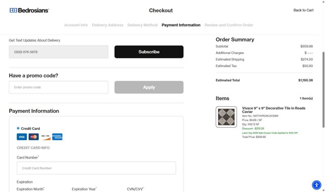 Bedrosians checkout page showing Bedrosians promo code box | Screenshot taken by SimplyCodes community member on Aug 28, 2025