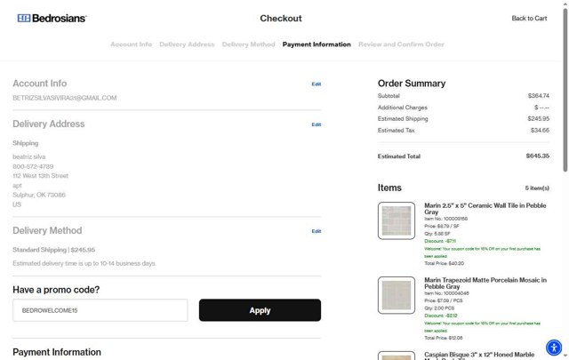 Bedrosians checkout page showing Bedrosians promo code box | Screenshot taken by SimplyCodes community member on Sep 1, 2025
