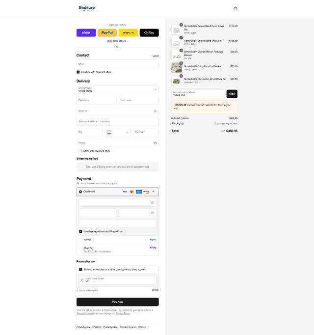 Bedsure checkout page showing Bedsure promo code box | Screenshot taken by SimplyCodes community member on Sep 4, 2025