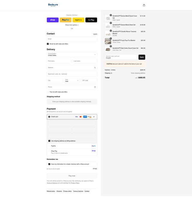 Bedsure checkout page showing Bedsure promo code box | Screenshot taken by SimplyCodes community member on Sep 4, 2025