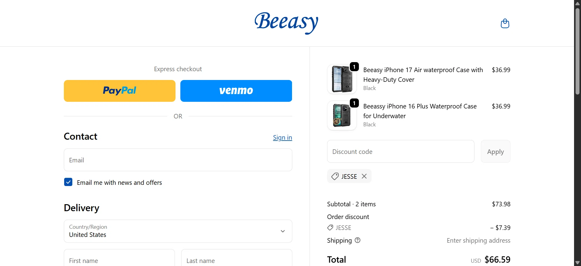 Beeasy promo code screenshot showing code JESSE applied at Beeasy checkout page. Uploaded by SimplyCodes community member MathewsAlex on Jun 3, 2026