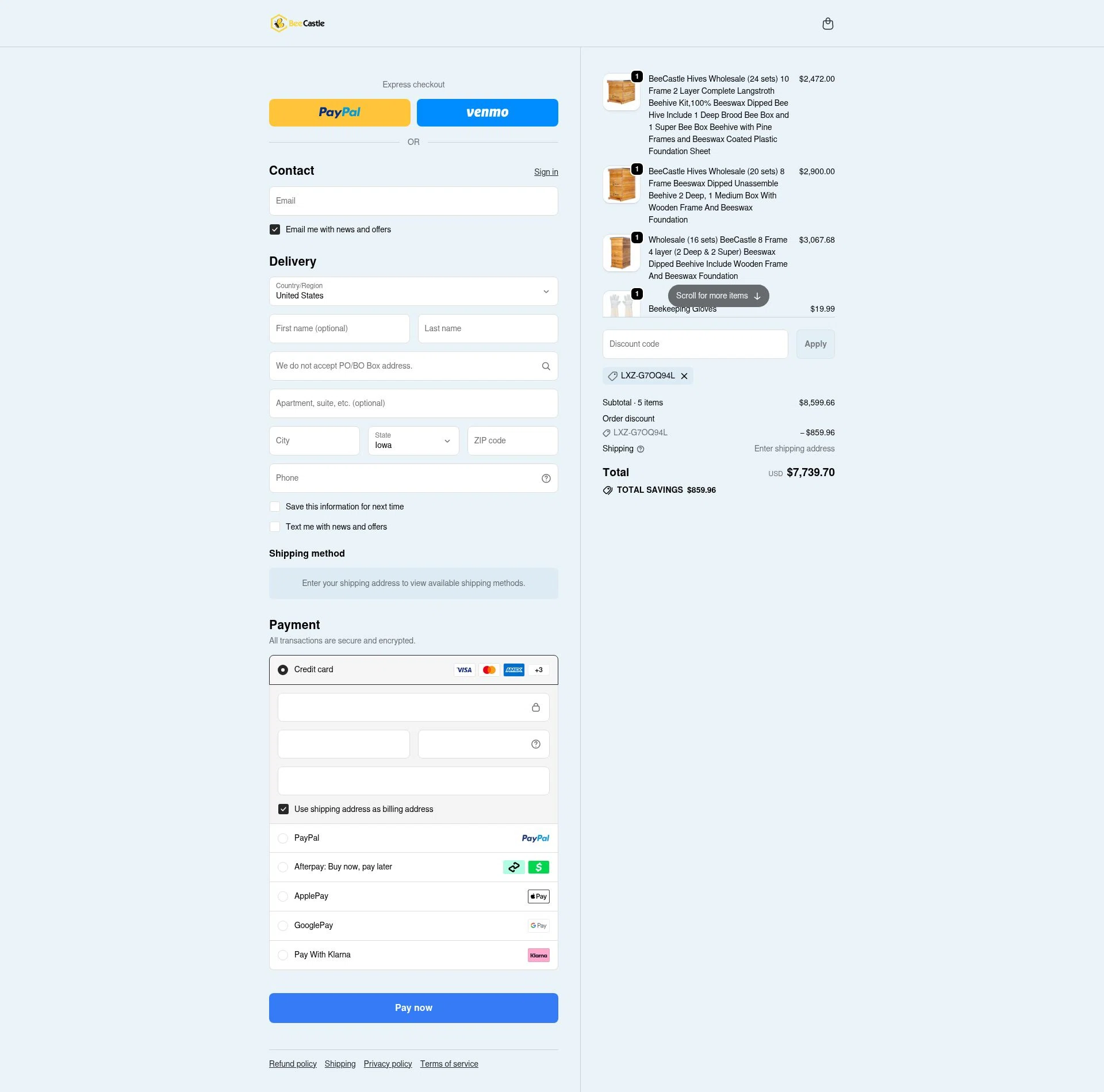 BeeCastle Beekeeping Supplies checkout page showing BeeCastle Beekeeping Supplies promo code box | Screenshot taken by SimplyCodes community member on Jan 23, 2026