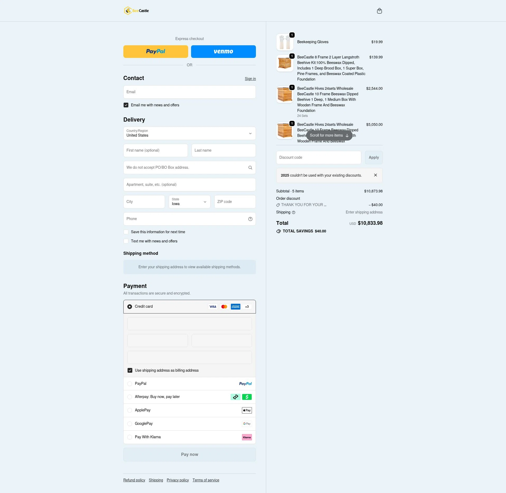 BeeCastle Beekeeping Supplies checkout page showing BeeCastle Beekeeping Supplies promo code box | Screenshot taken by SimplyCodes community member on Jan 18, 2026