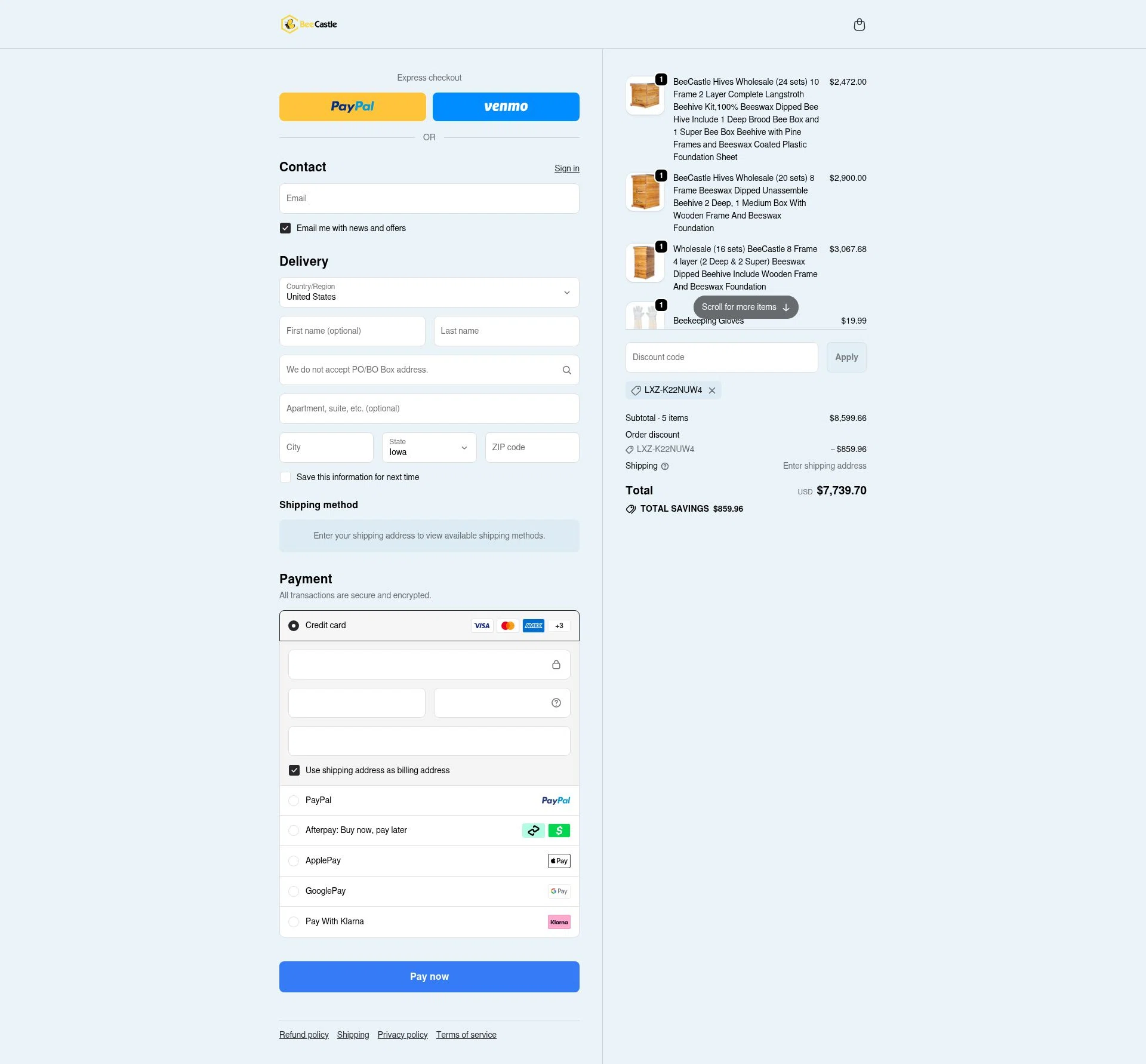 BeeCastle Beekeeping Supplies checkout page showing BeeCastle Beekeeping Supplies promo code box | Screenshot taken by SimplyCodes community member on Feb 5, 2026