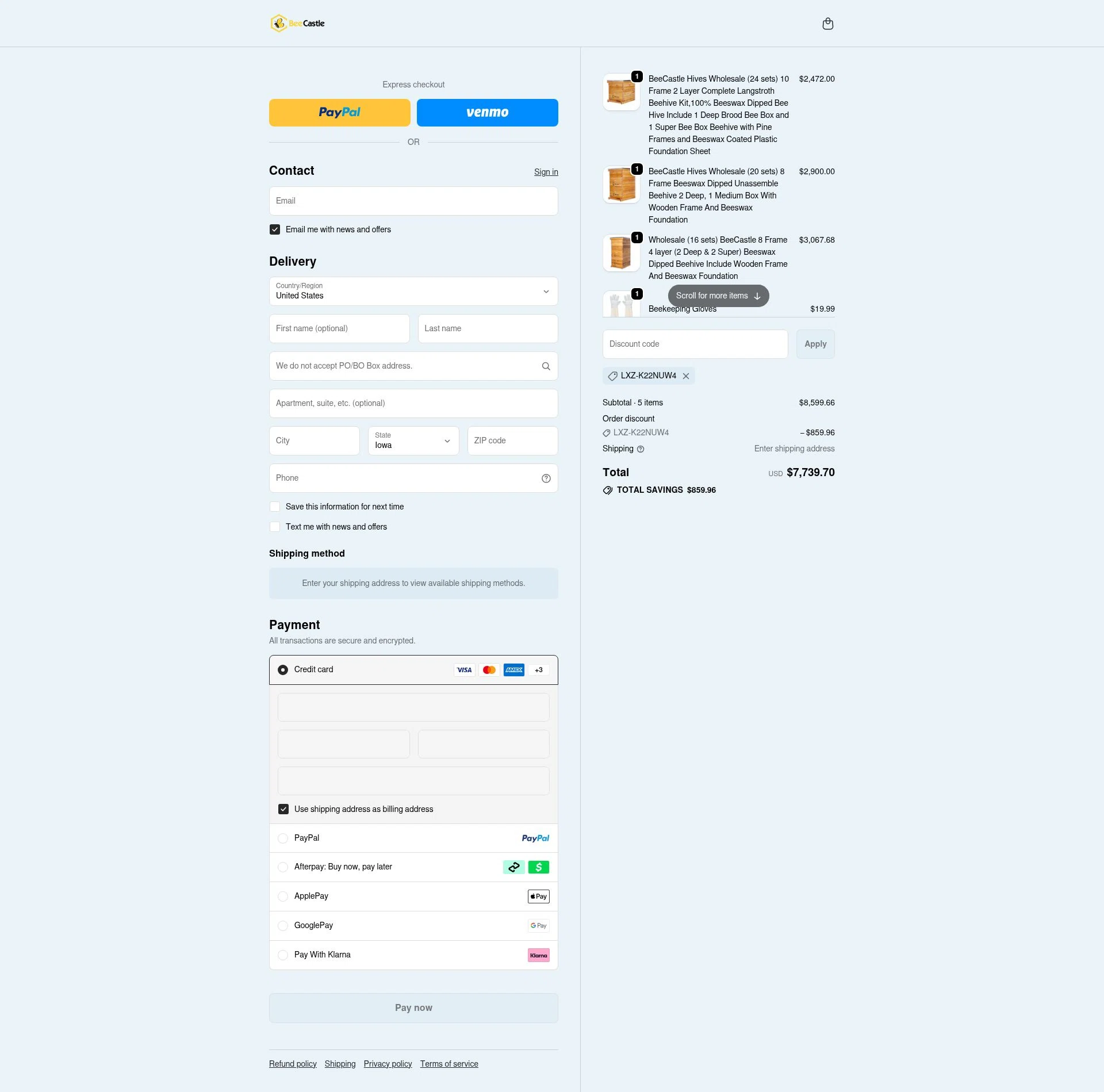 BeeCastle Beekeeping Supplies checkout page showing BeeCastle Beekeeping Supplies promo code box | Screenshot taken by SimplyCodes community member on Jan 23, 2026