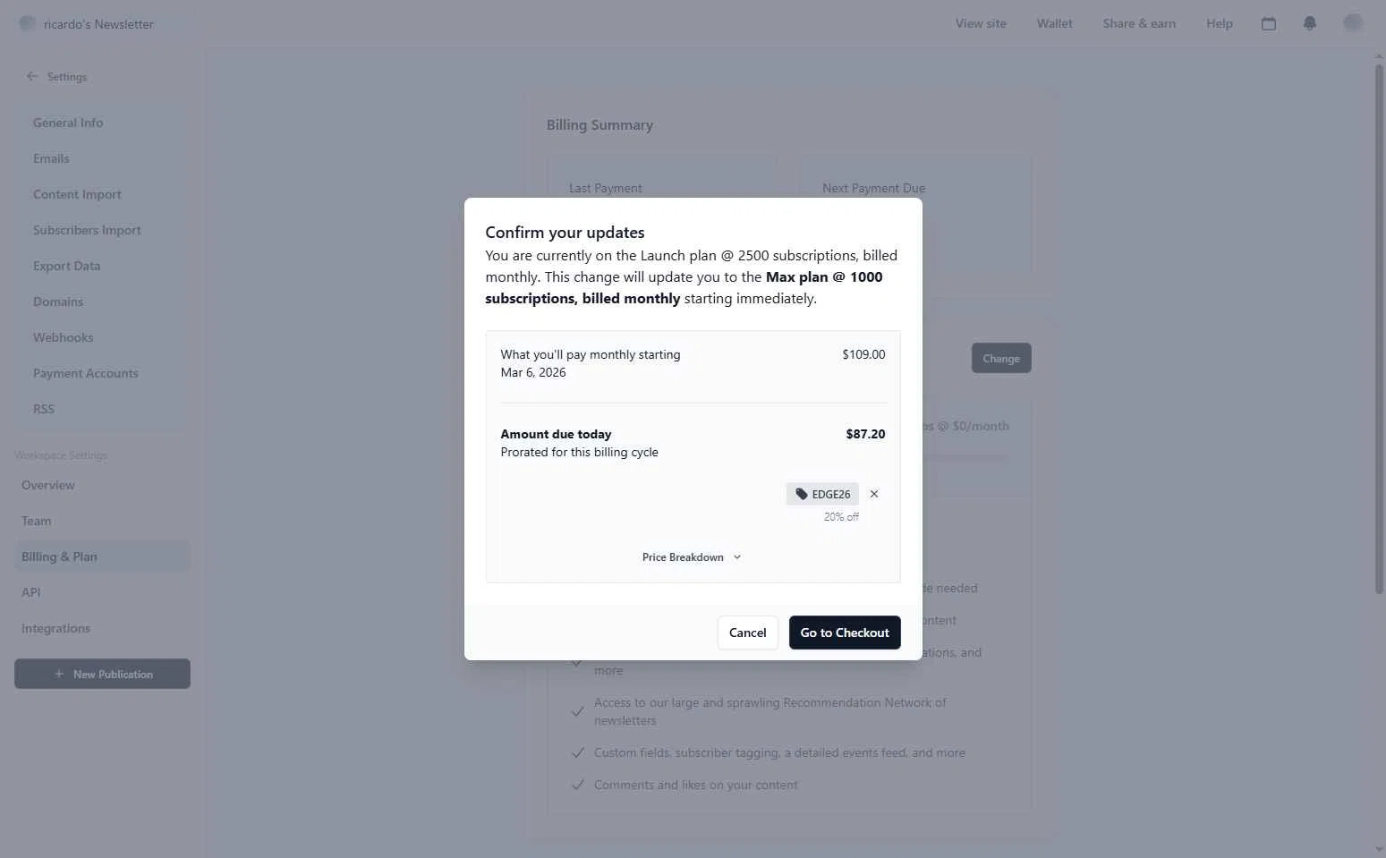 Beehiiv checkout page showing Beehiiv promo code box | Screenshot taken by SimplyCodes community member on Feb 6, 2026