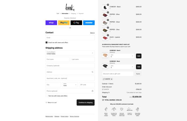 Beek checkout page showing Beek discount code box | Screenshot taken by SimplyCodes community member on Sep 12, 2025