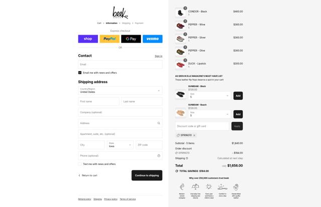 Beek checkout page showing Beek discount code box | Screenshot taken by SimplyCodes community member on Sep 12, 2025