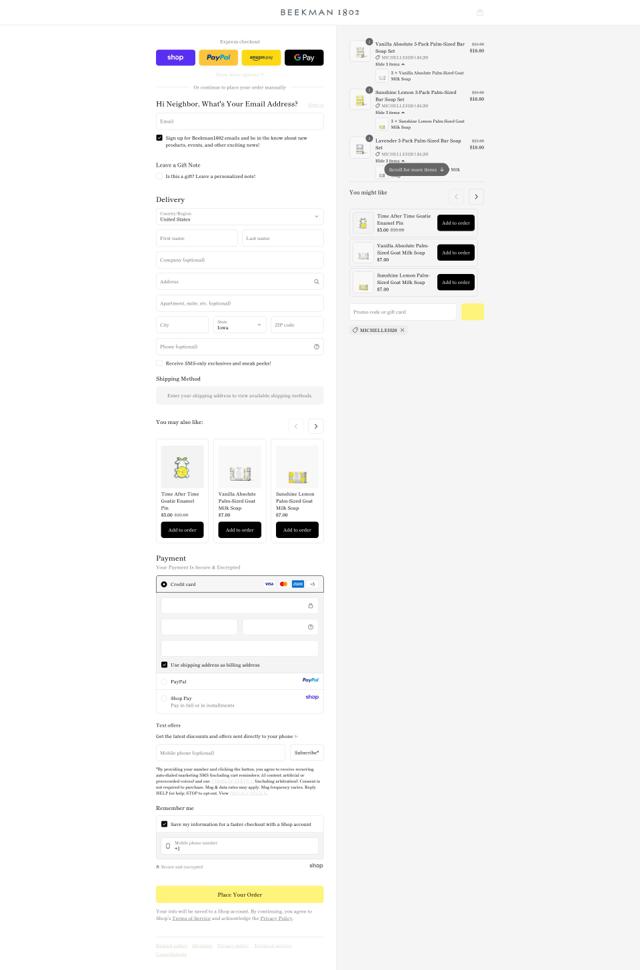 Beekman1802 checkout page showing Beekman1802 discount code box | Screenshot taken by SimplyCodes community member on Sep 12, 2025