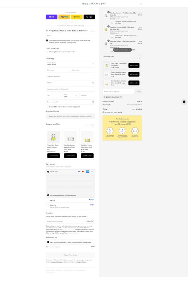 Beekman1802 checkout page showing Beekman1802 discount code box | Screenshot taken by SimplyCodes community member on Sep 12, 2025