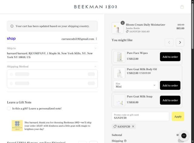 Beekman1802 checkout page showing Beekman1802 discount code box | Screenshot taken by SimplyCodes community member on Sep 12, 2025