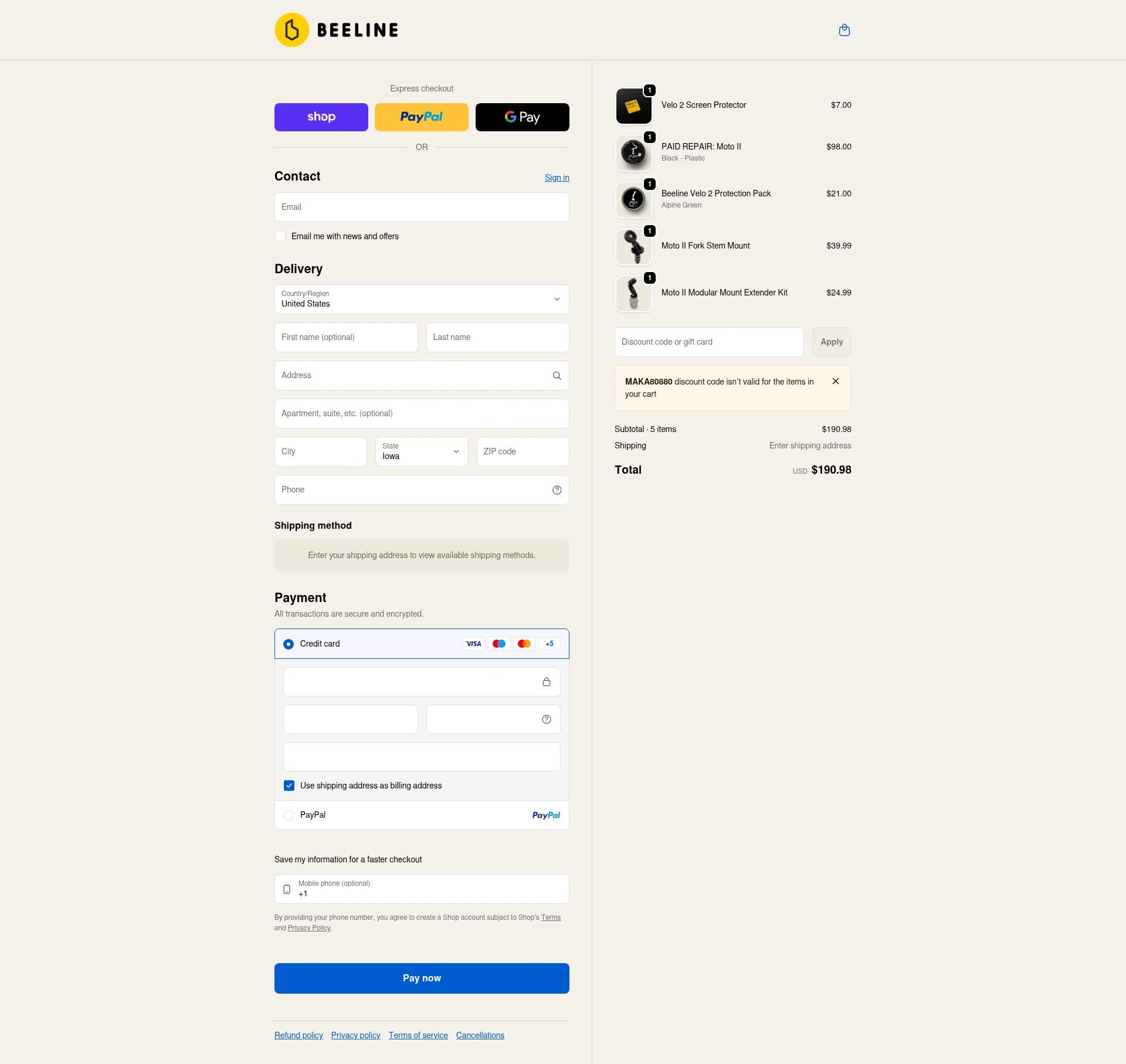 Beeline checkout page showing Beeline promo code box | Screenshot taken by SimplyCodes community member on Feb 7, 2026