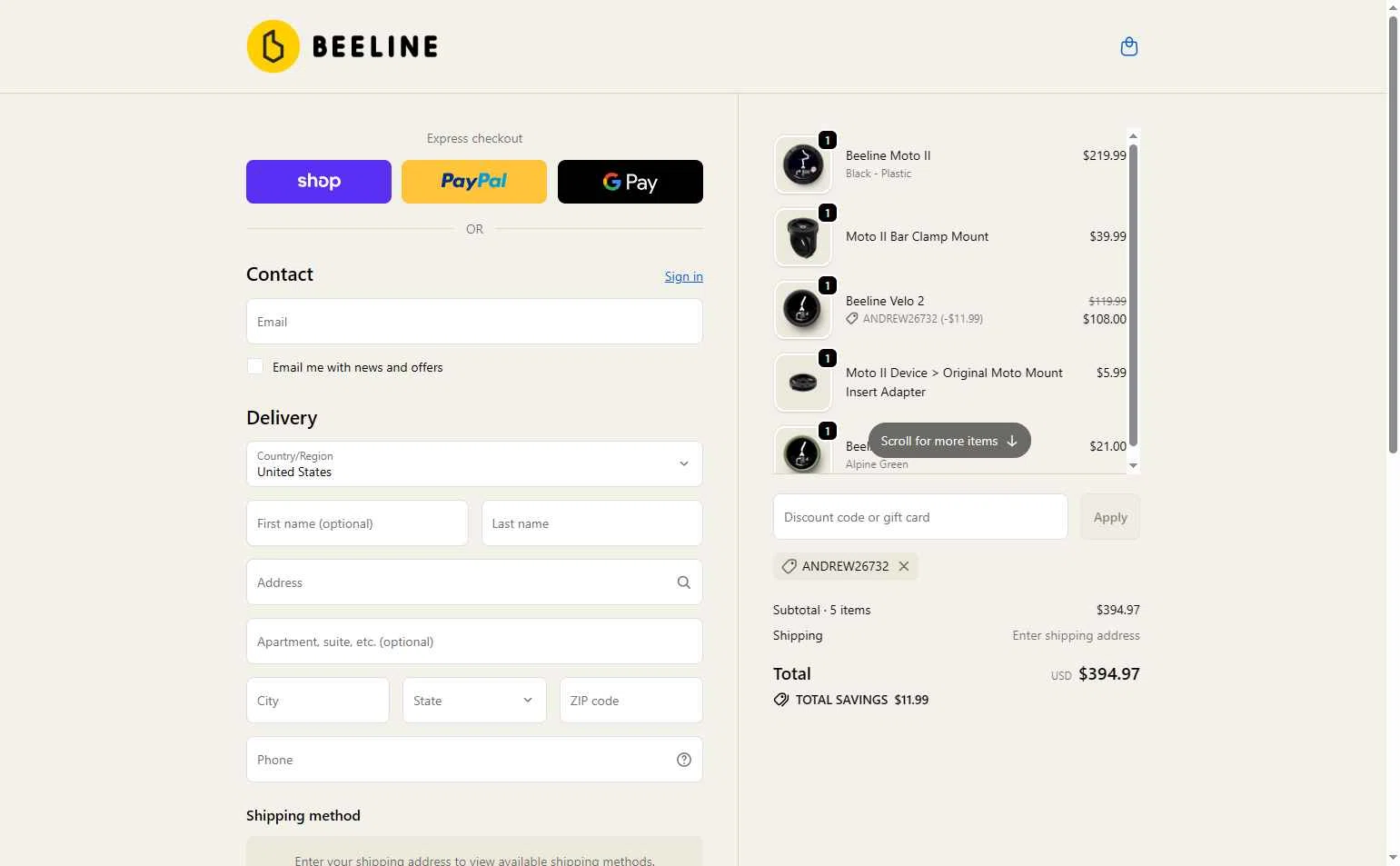 Beeline checkout page showing Beeline promo code box | Screenshot taken by SimplyCodes community member on Jan 30, 2026