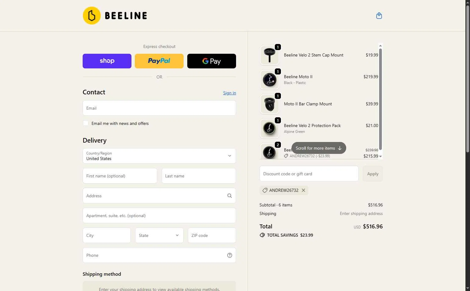 Beeline checkout page showing Beeline promo code box | Screenshot taken by SimplyCodes community member on Jan 31, 2026