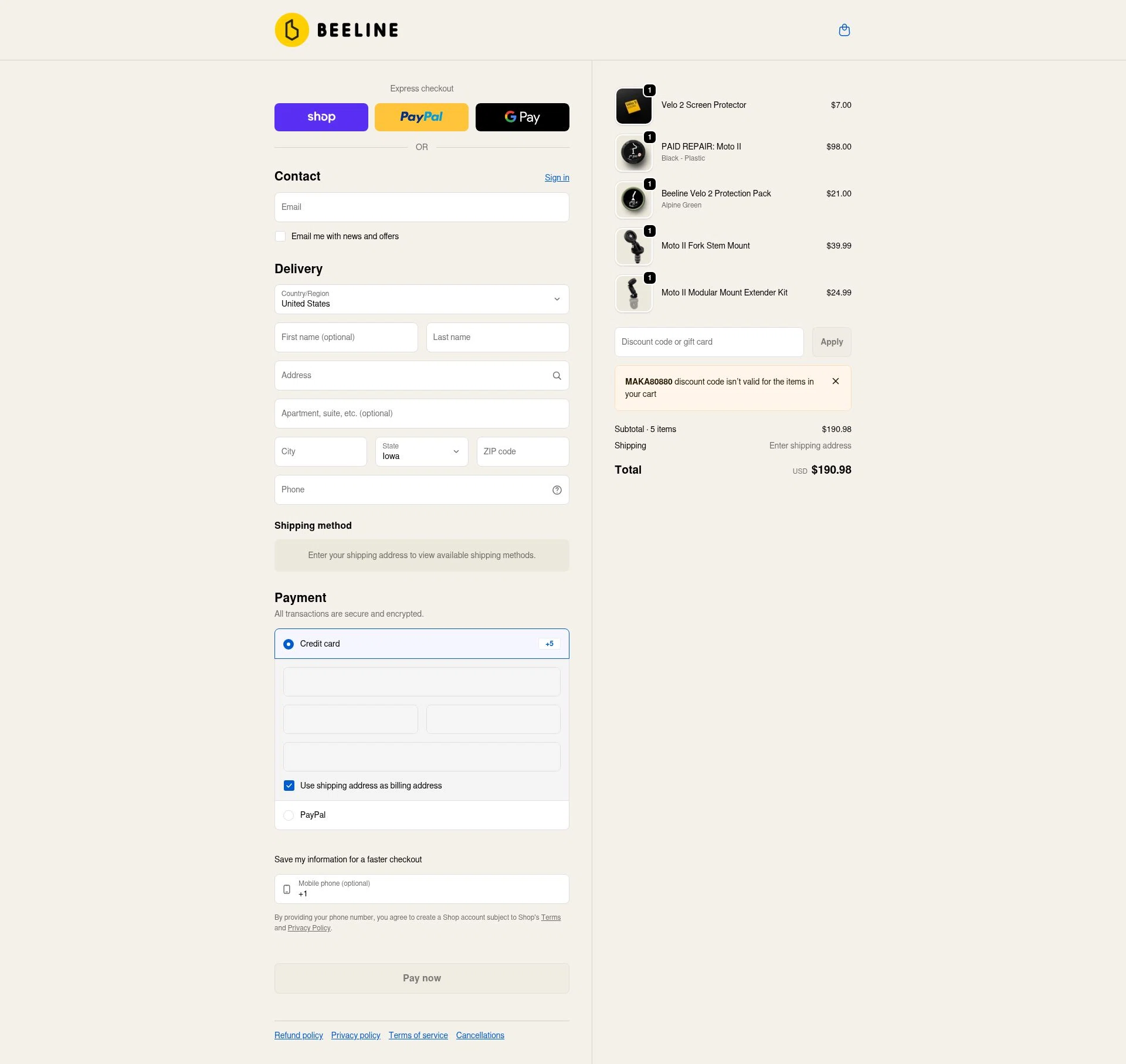 Beeline checkout page showing Beeline promo code box | Screenshot taken by SimplyCodes community member on Feb 2, 2026