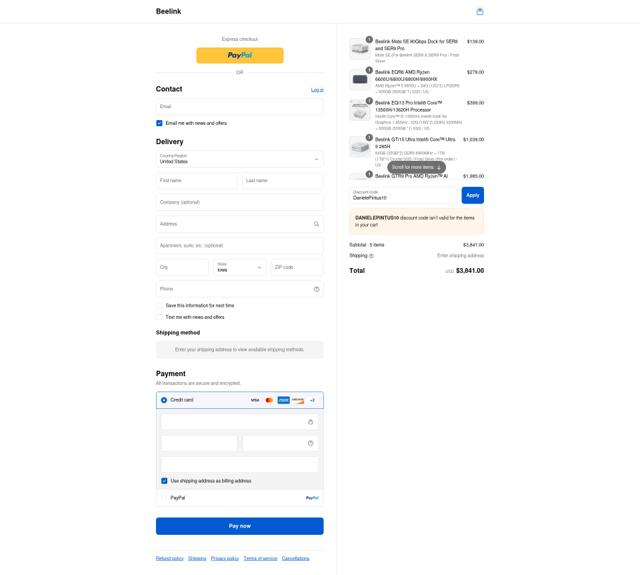 Beelink checkout page showing Beelink discount code box | Screenshot taken by SimplyCodes community member on Sep 8, 2025