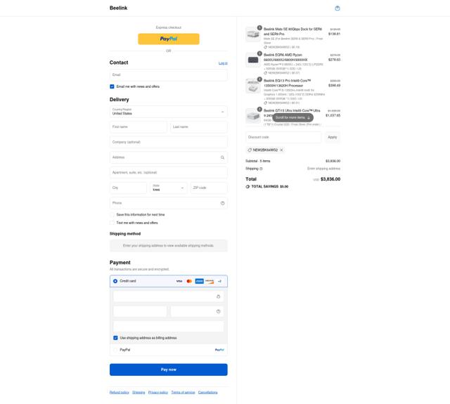 Beelink checkout page showing Beelink discount code box | Screenshot taken by SimplyCodes community member on Sep 8, 2025