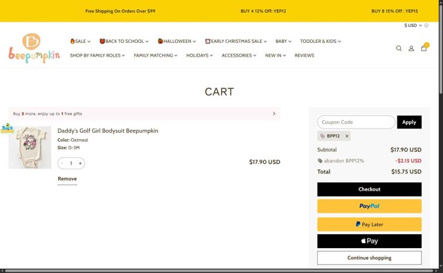 Beepumpkin checkout page showing Beepumpkin coupon code box | Screenshot taken by SimplyCodes community member on Aug 28, 2025