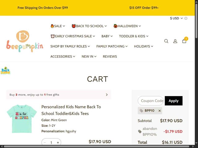 Beepumpkin checkout page showing Beepumpkin coupon code box | Screenshot taken by SimplyCodes community member on Aug 14, 2025