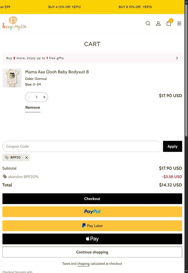 Beepumpkin checkout page showing Beepumpkin coupon code box | Screenshot taken by SimplyCodes community member on Aug 30, 2025