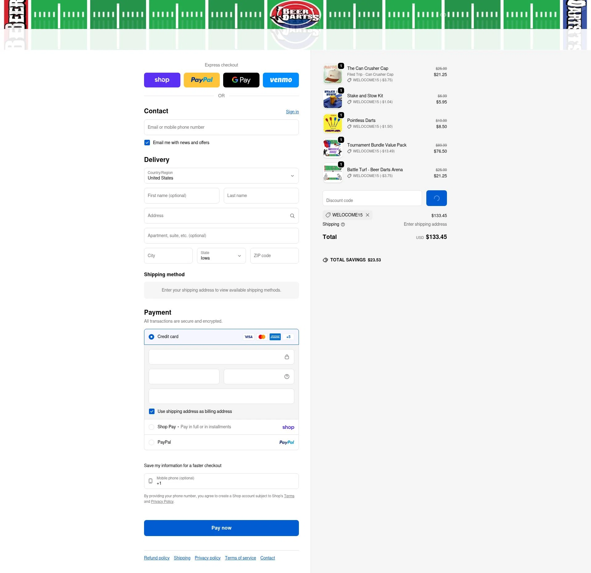 Beer Darts checkout page showing Beer Darts coupon code box | Screenshot taken by SimplyCodes community member on Feb 5, 2026