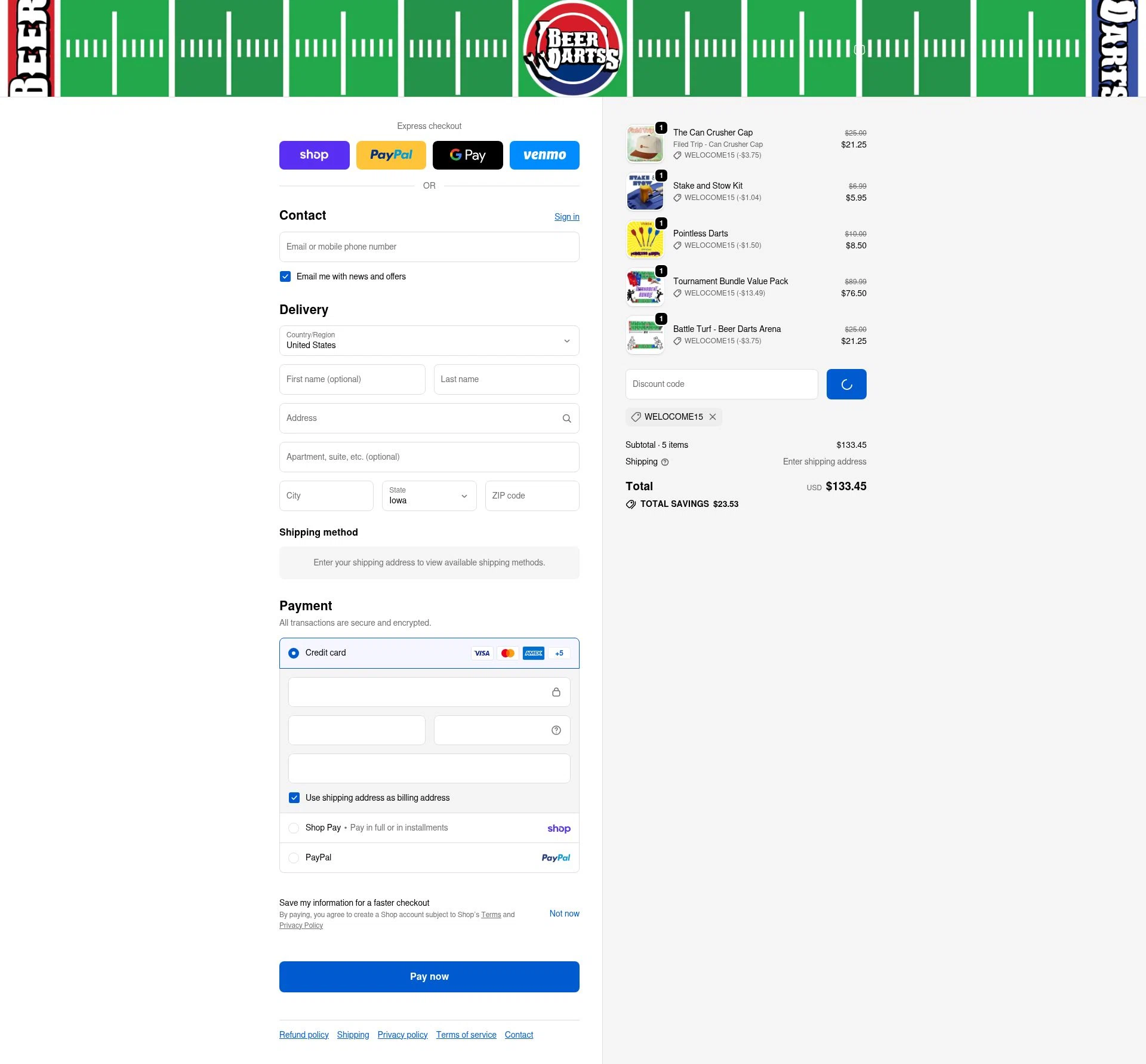 Beer Darts checkout page showing Beer Darts coupon code box | Screenshot taken by SimplyCodes community member on Feb 18, 2026