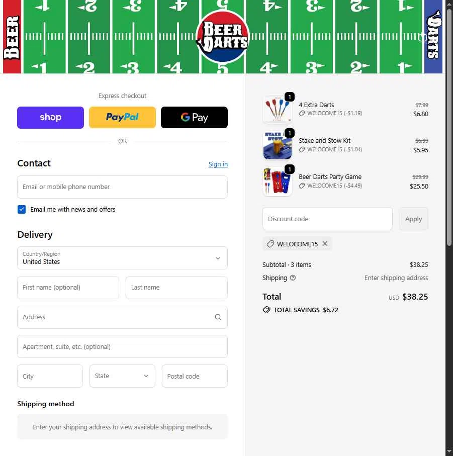 Beer Darts checkout page showing Beer Darts coupon code box | Screenshot taken by SimplyCodes community member on Feb 5, 2026