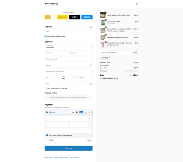 Beessential checkout page showing Beessential discount code box | Screenshot taken by SimplyCodes community member on Sep 3, 2025