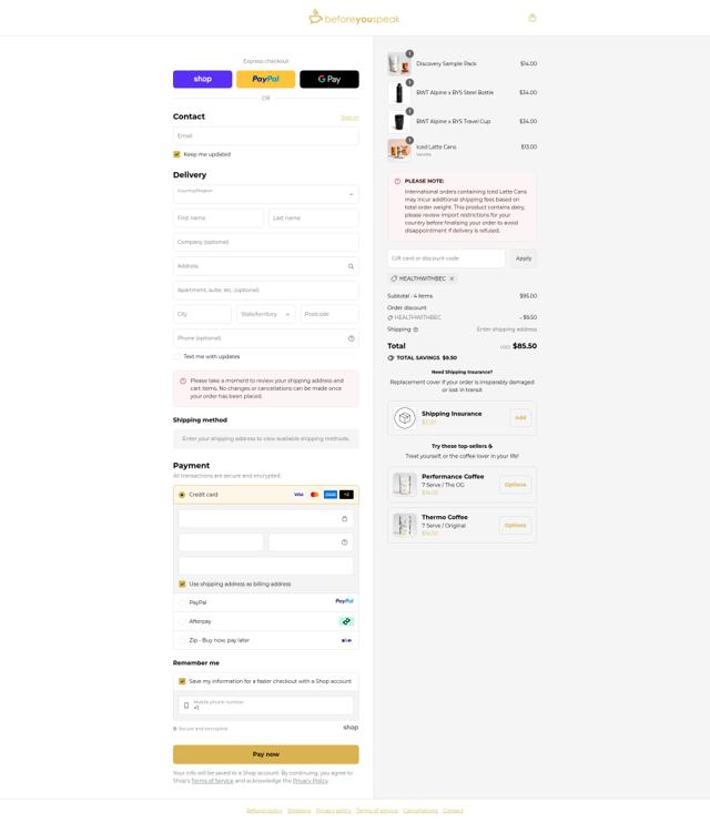 Before You Speak Coffee checkout page showing Before You Speak Coffee discount code box | Screenshot taken by SimplyCodes community member on Sep 12, 2025