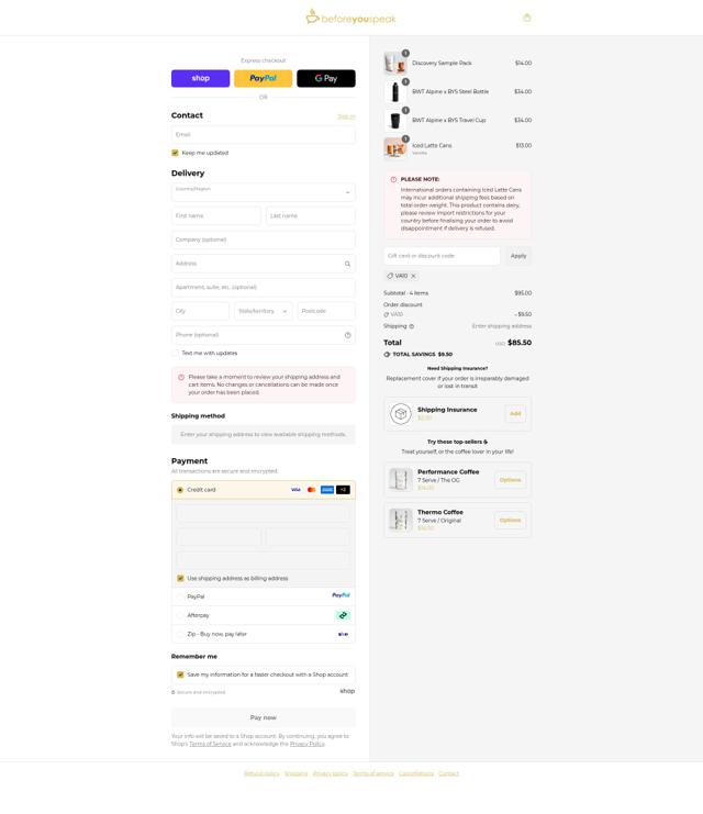 Before You Speak Coffee checkout page showing Before You Speak Coffee discount code box | Screenshot taken by SimplyCodes community member on Sep 12, 2025