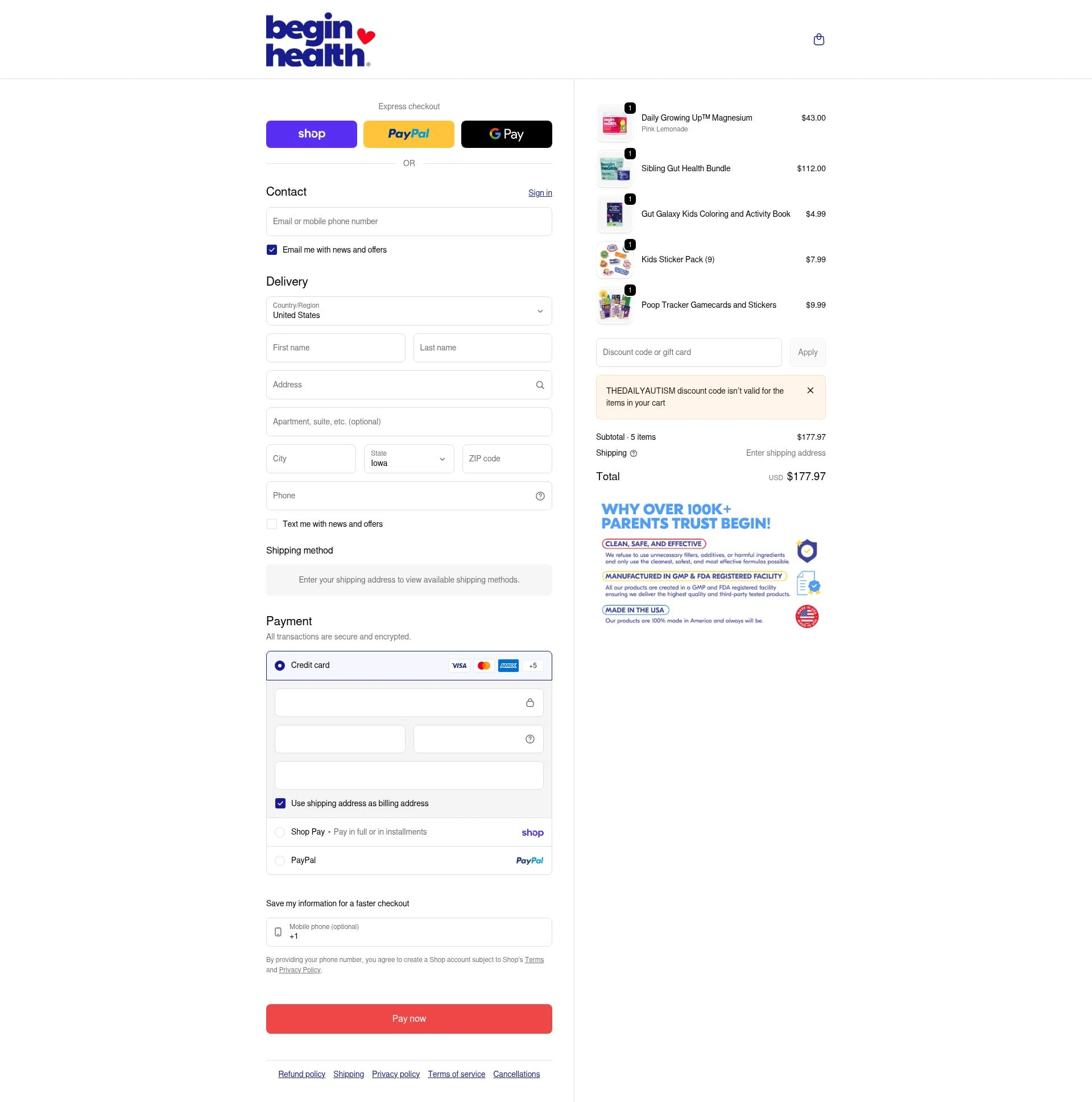 Begin Health checkout page showing Begin Health promo code box | Screenshot taken by SimplyCodes community member on Feb 3, 2026
