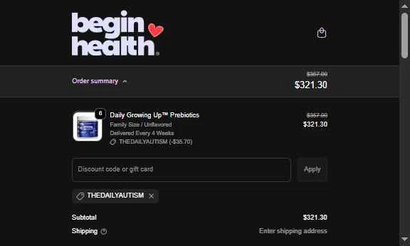 Begin Health checkout page showing Begin Health promo code box | Screenshot taken by SimplyCodes community member on Feb 3, 2026