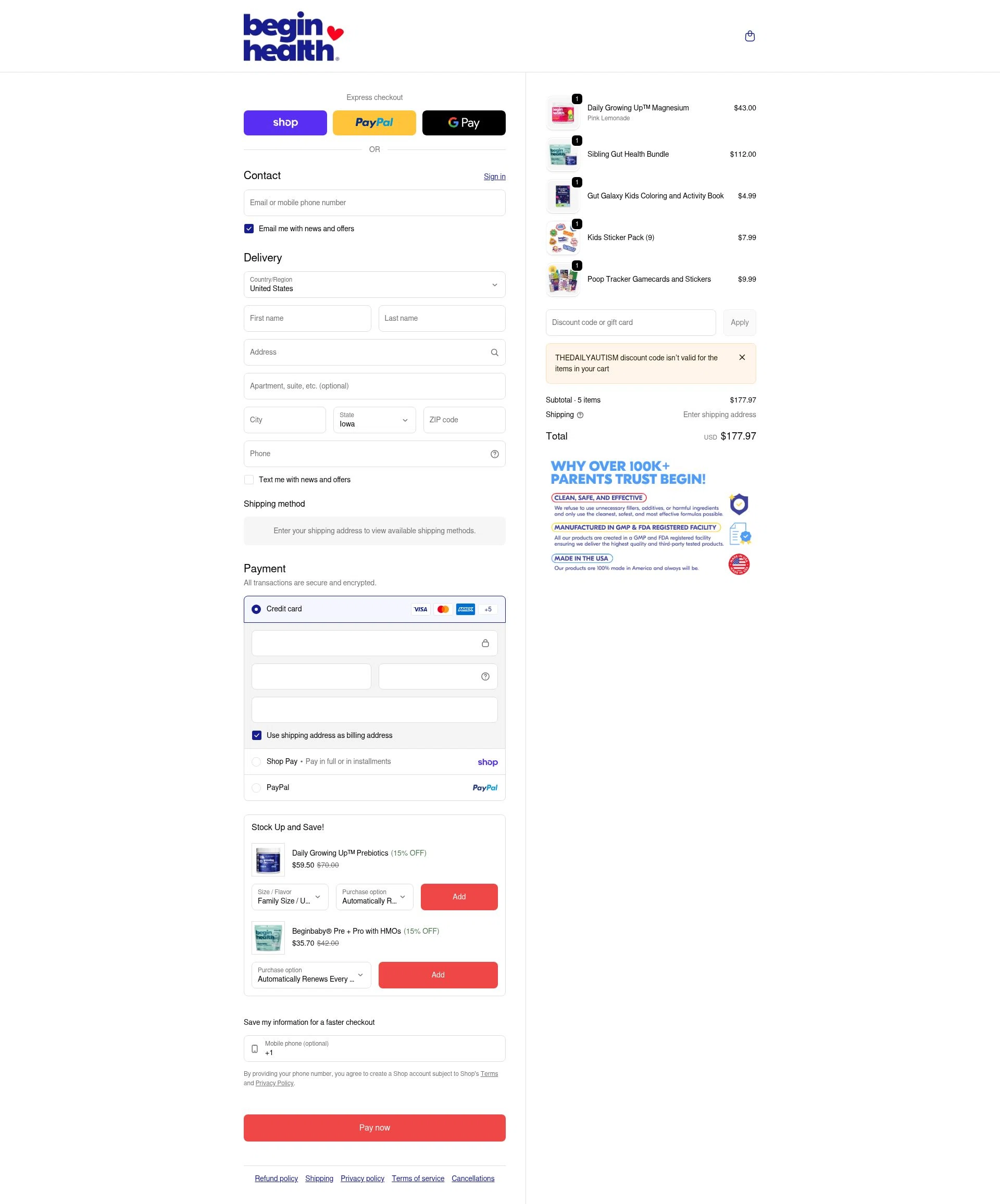 Begin Health checkout page showing Begin Health promo code box | Screenshot taken by SimplyCodes community member on Feb 7, 2026