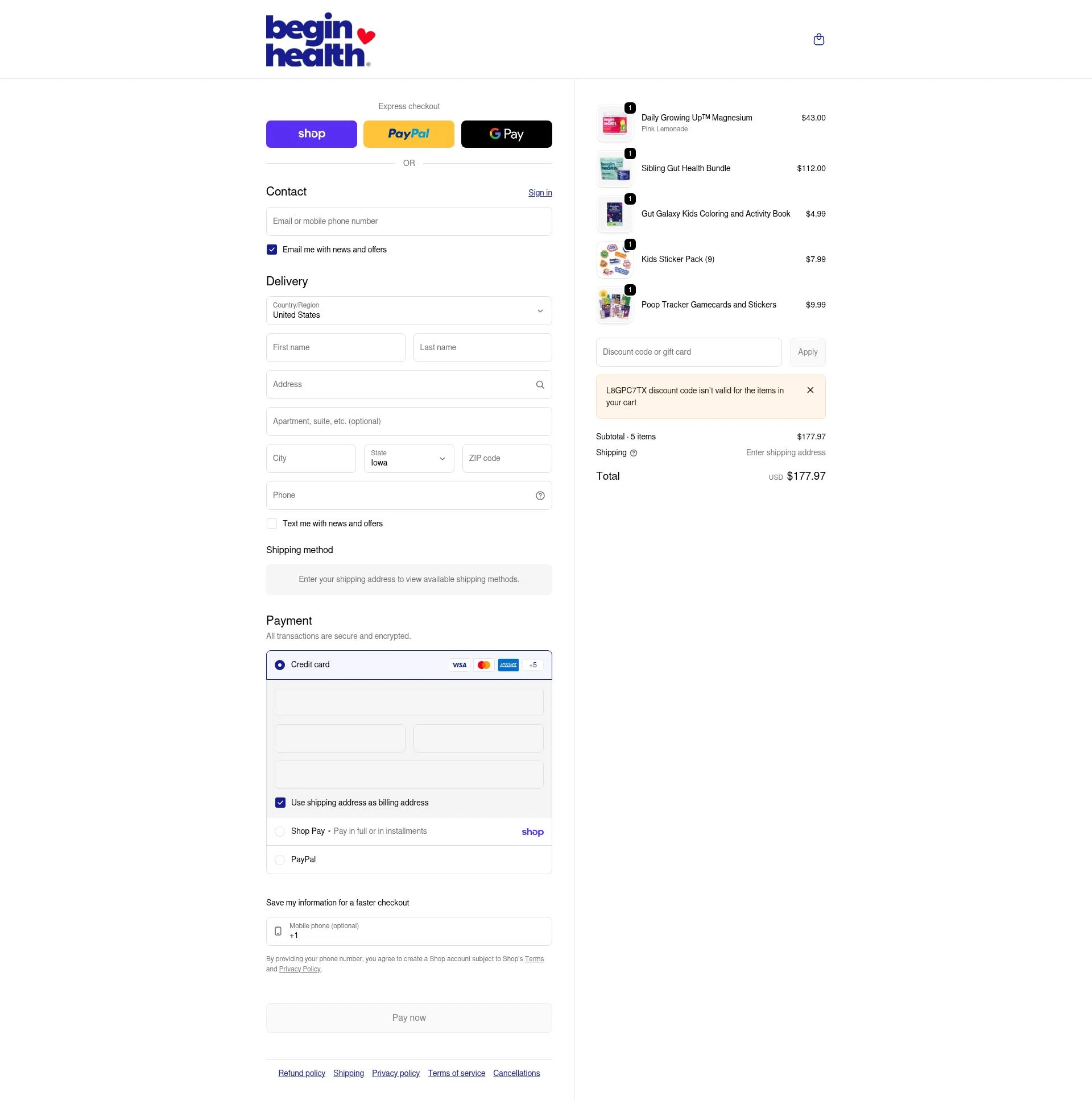 Begin Health checkout page showing Begin Health promo code box | Screenshot taken by SimplyCodes community member on Feb 3, 2026