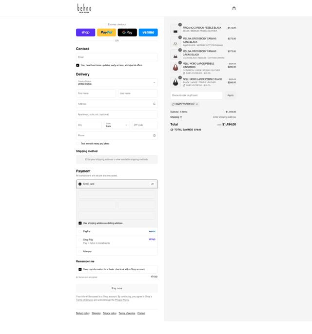 Behno checkout page showing Behno promo code box | Screenshot taken by SimplyCodes community member on Sep 3, 2025