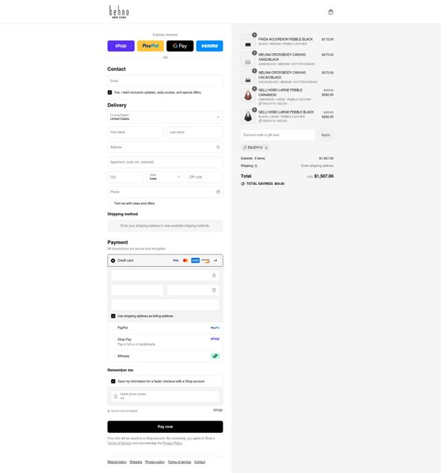 Behno checkout page showing Behno promo code box | Screenshot taken by SimplyCodes community member on Sep 8, 2025