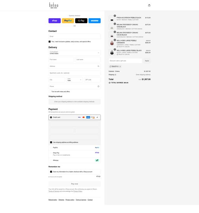 Behno checkout page showing Behno promo code box | Screenshot taken by SimplyCodes community member on Aug 30, 2025