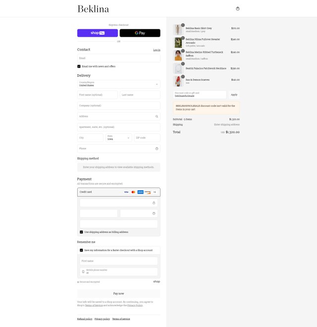 Beklina checkout page showing Beklina promo code box | Screenshot taken by SimplyCodes community member on Aug 27, 2025