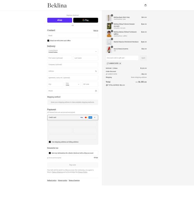 Beklina checkout page showing Beklina promo code box | Screenshot taken by SimplyCodes community member on Sep 12, 2025
