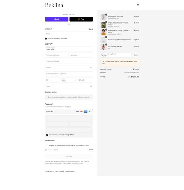 Beklina checkout page showing Beklina promo code box | Screenshot taken by SimplyCodes community member on Sep 12, 2025
