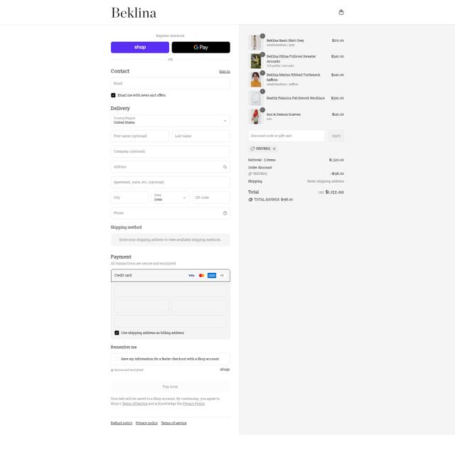 Beklina checkout page showing Beklina promo code box | Screenshot taken by SimplyCodes community member on Sep 12, 2025