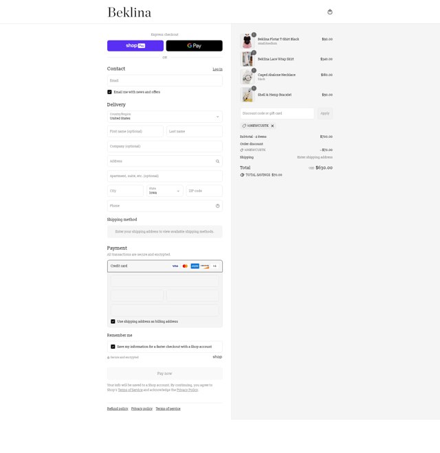 Beklina checkout page showing Beklina promo code box | Screenshot taken by SimplyCodes community member on Aug 22, 2025